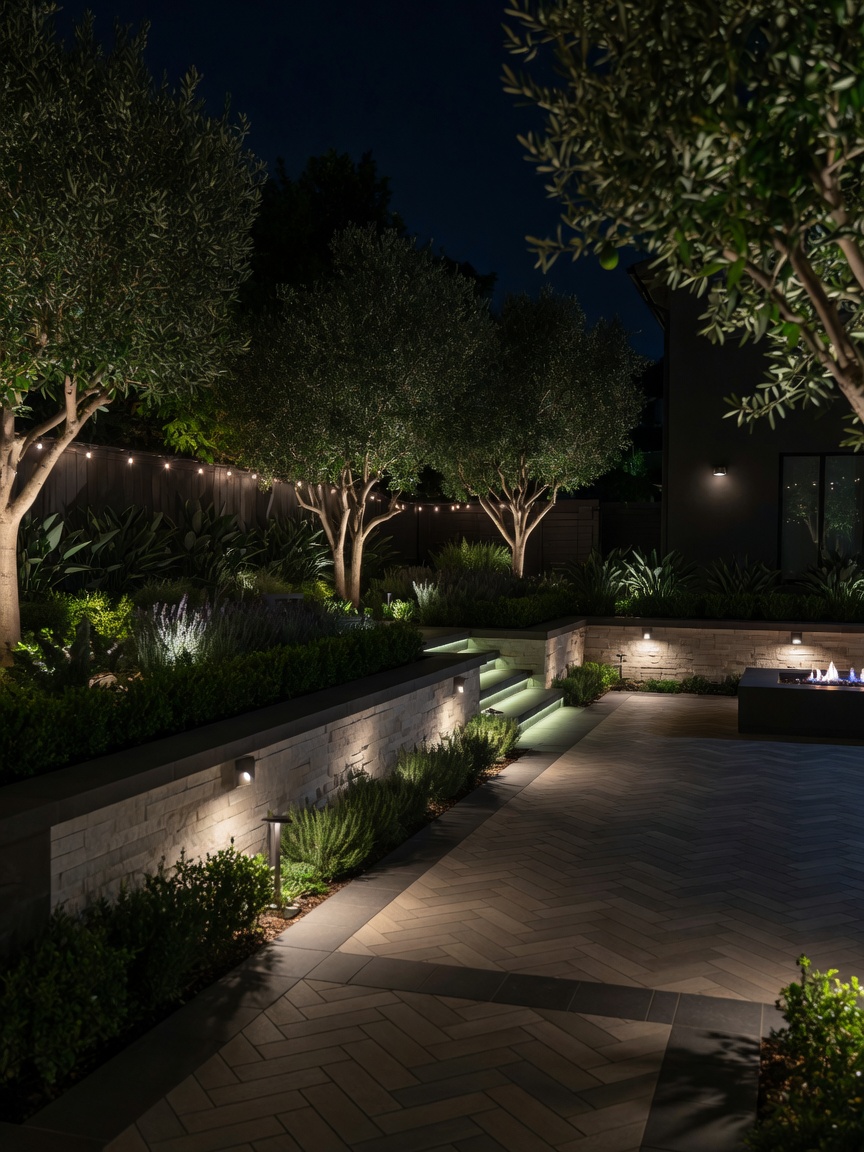 Luxurious modern South Orange County backyard at night with premium low-voltage landscape lighting illuminating retaining walls, paver patio, trees and lush landscaping. Dark cinematic atmosphere with warm and cool green glowing accents.